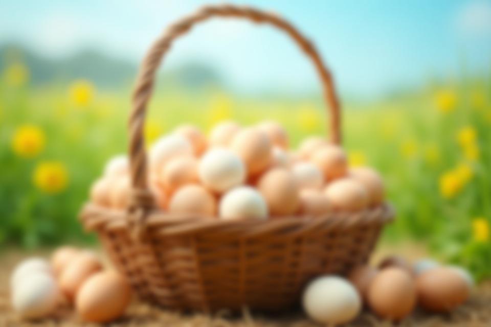 新鮮なオーガニック卵がたっぷり入ったバスケットとファームの風景